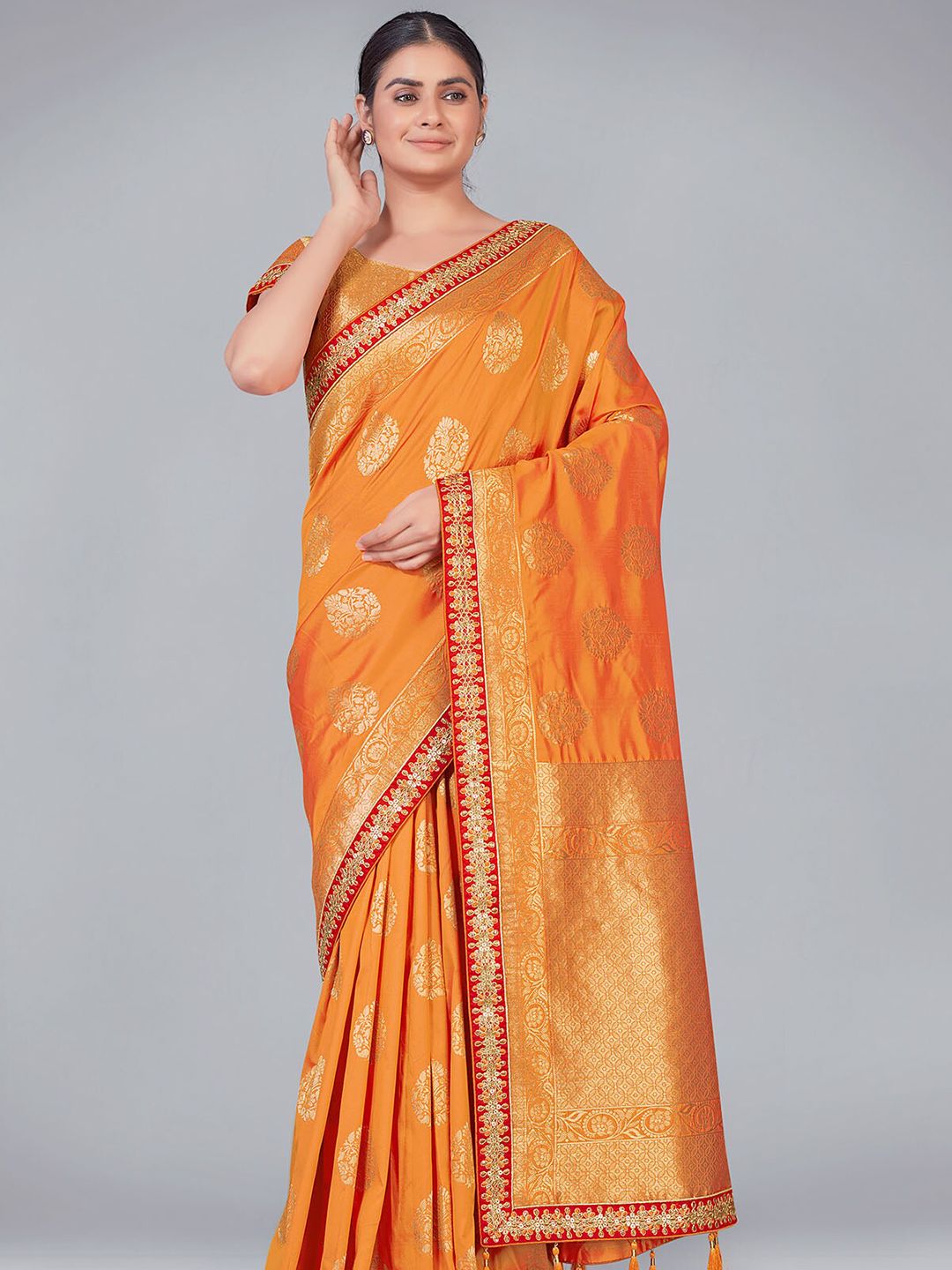 ODETTE Orange & Red Woven Design Embroidered Silk Blend Saree Price in India