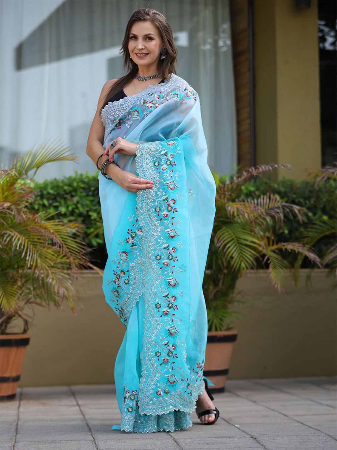 ODETTE Blue & Green Floral Embroidered Organza Saree Price in India