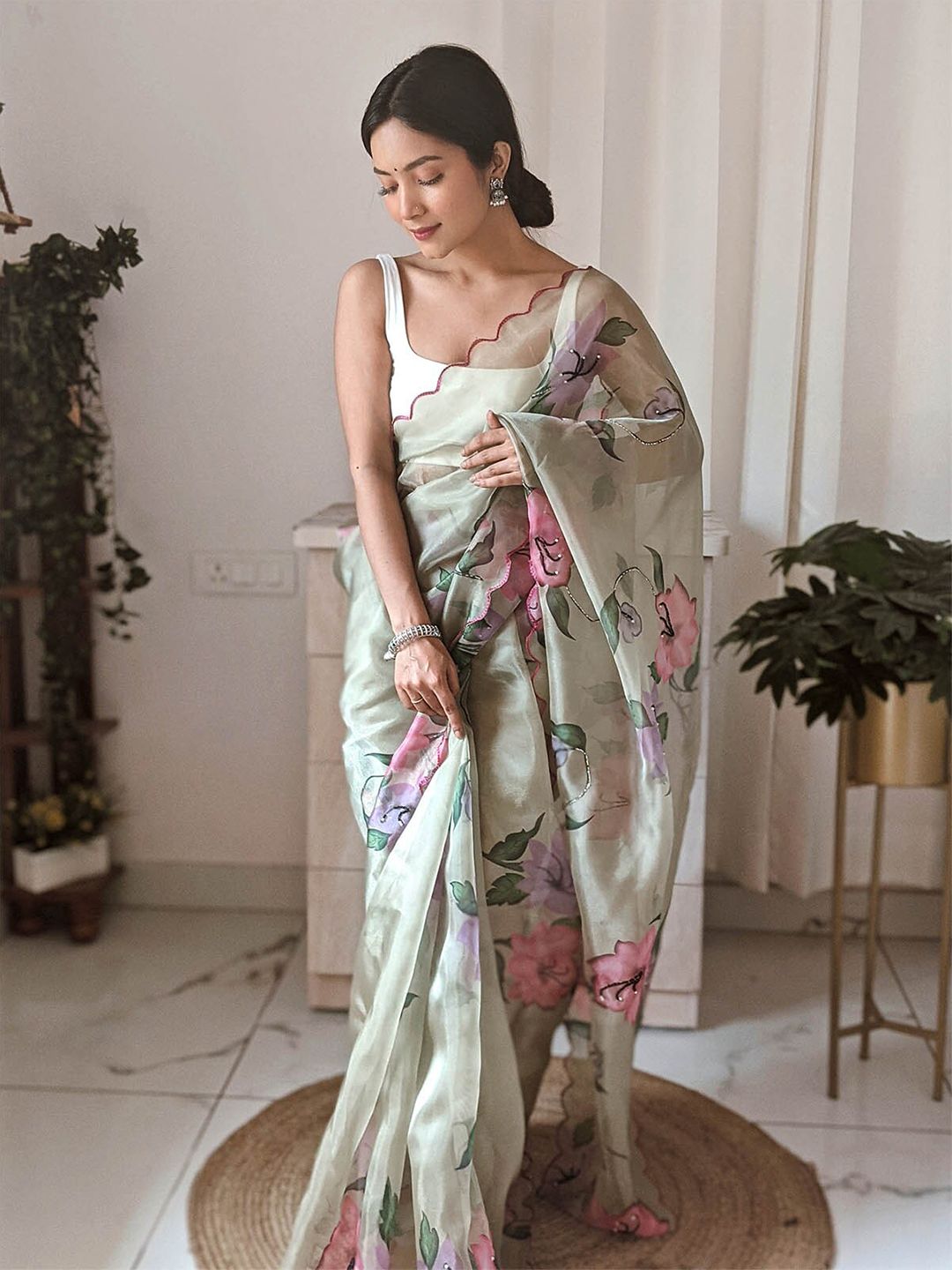 ODETTE Green & Cream-Coloured Floral Embroidered Organza Saree Price in India