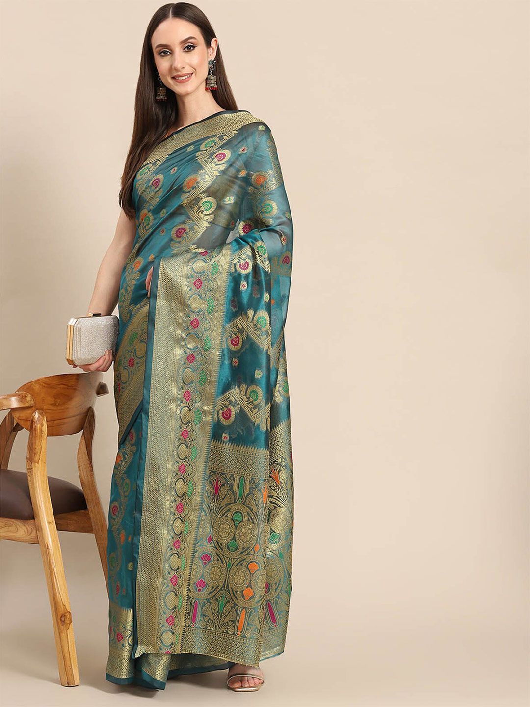 ODETTE Blue & Green Woven Design Zari Organza Saree Price in India