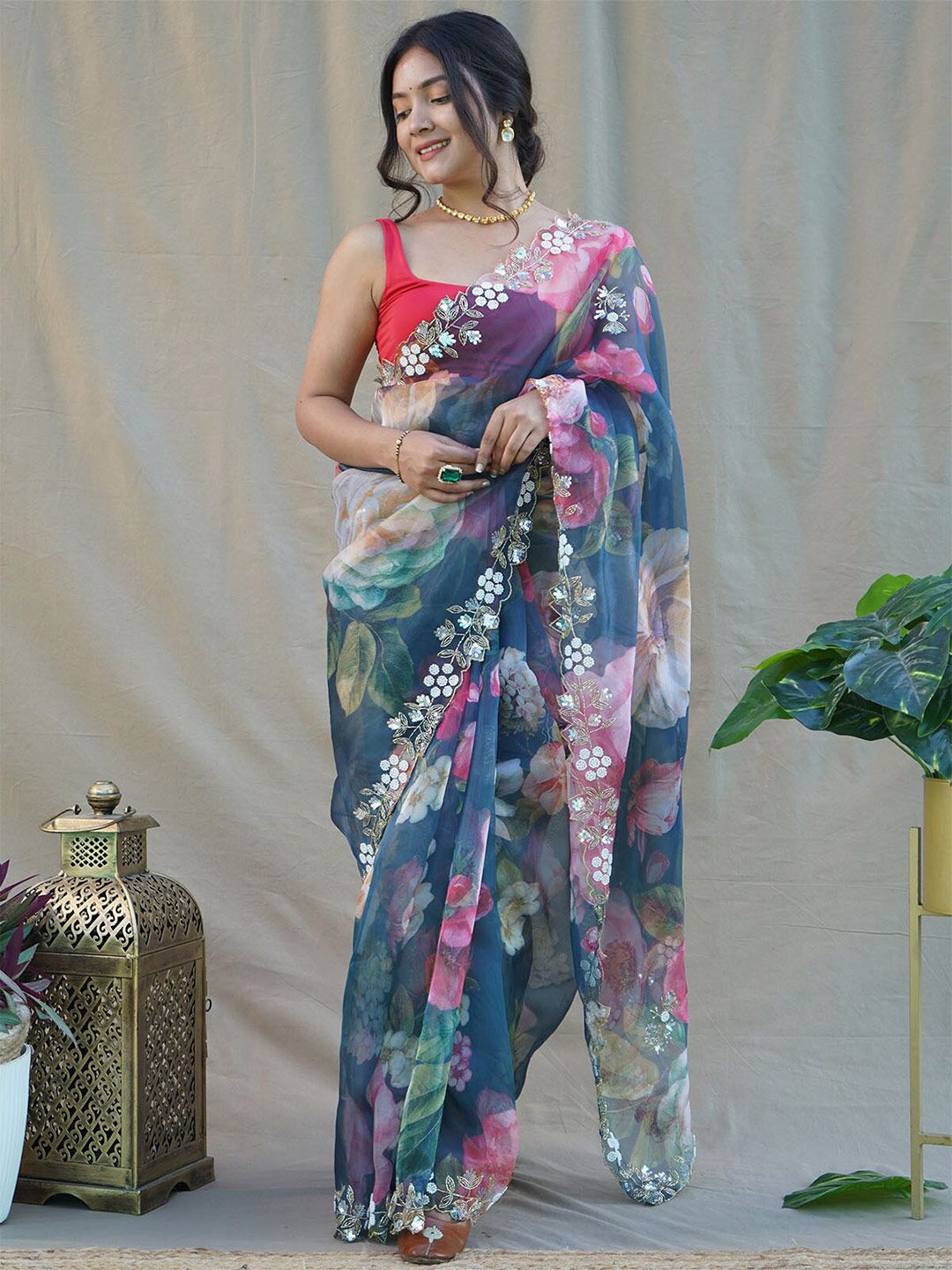 ODETTE Blue & Pink Floral Embroidered Organza Saree Price in India