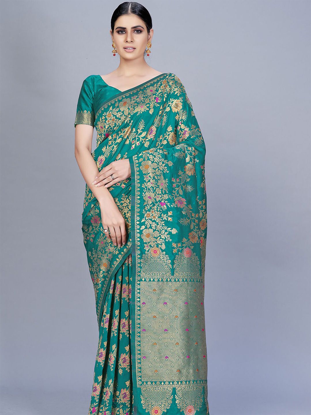 ODETTE Green & Orange Woven Design Zari Silk Blend Saree Price in India