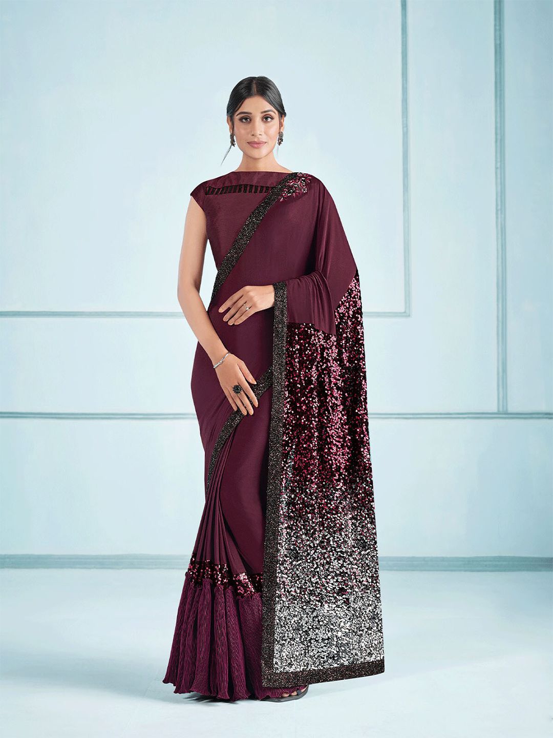 ODETTE Purple Sequinned Saree Price in India