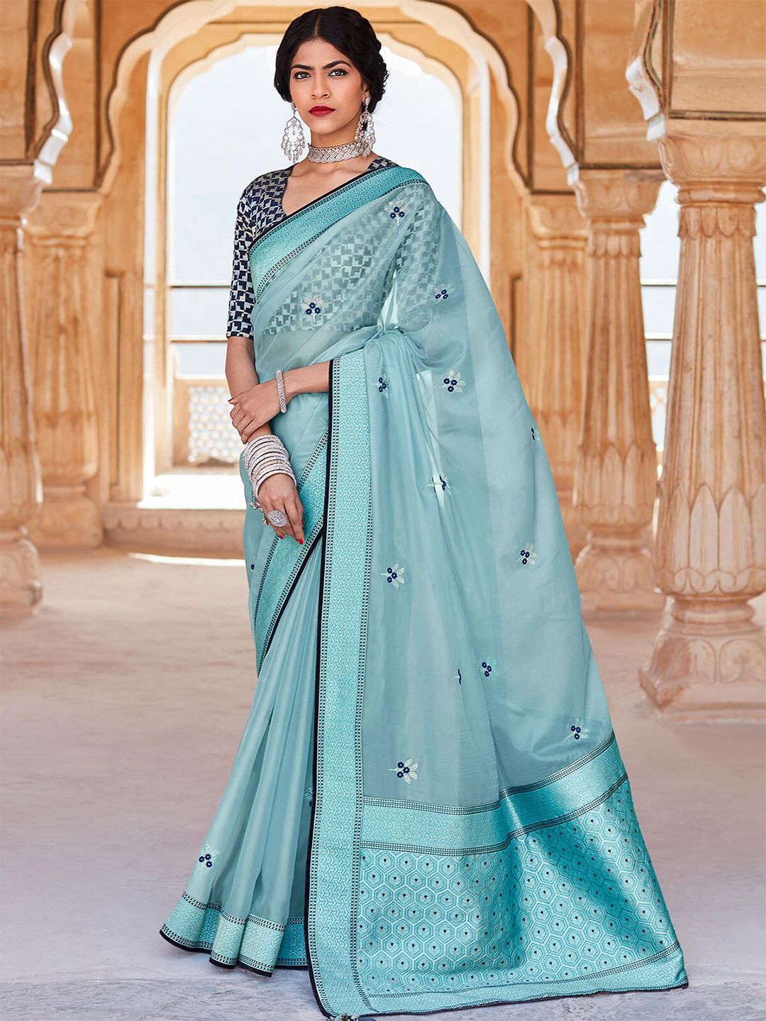 ODETTE Blue & Silver-Toned Woven Design Zari Silk Blend Saree Price in India