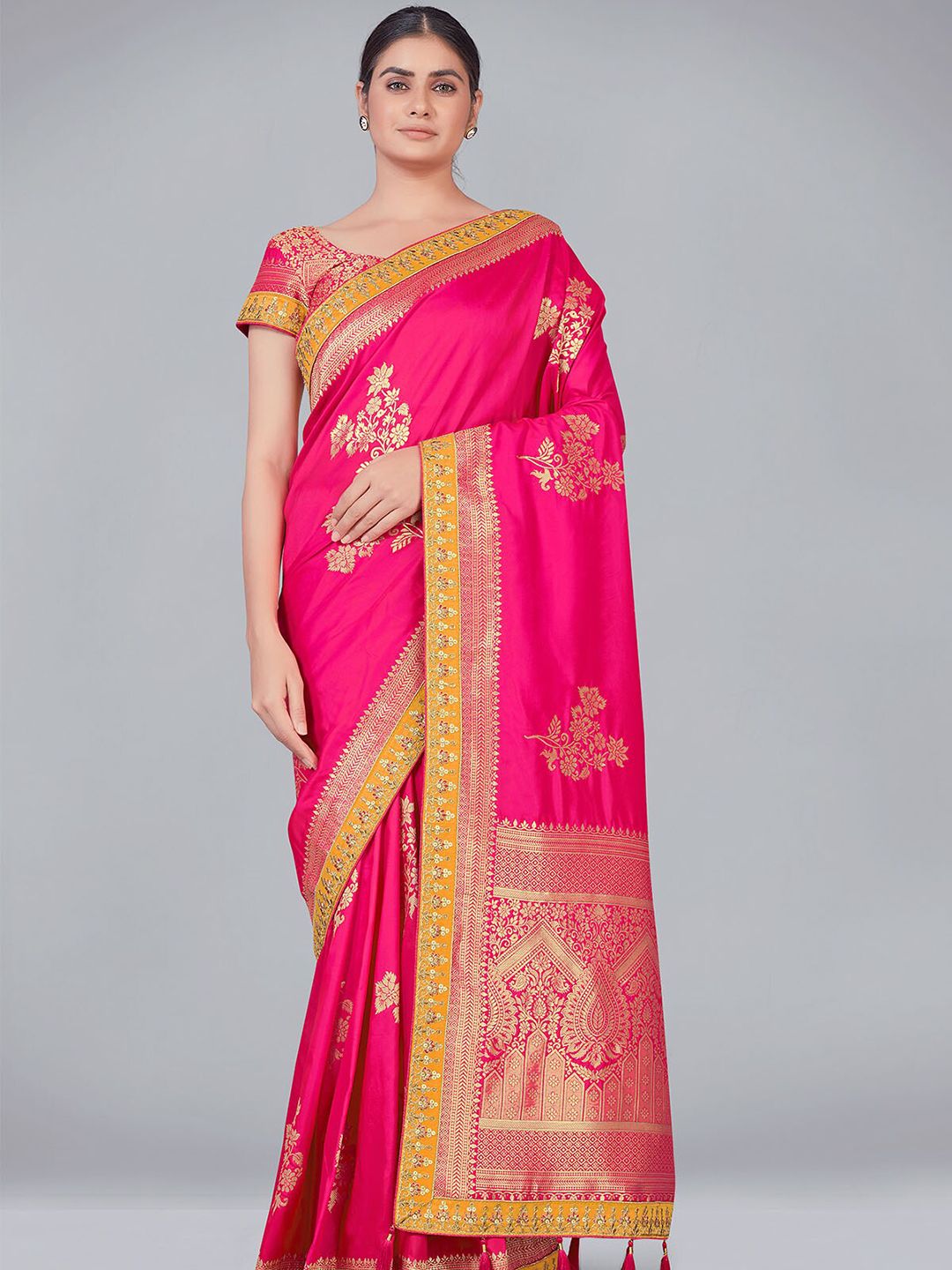 ODETTE Pink & Yellow Woven Design Zari Silk Blend Saree Price in India