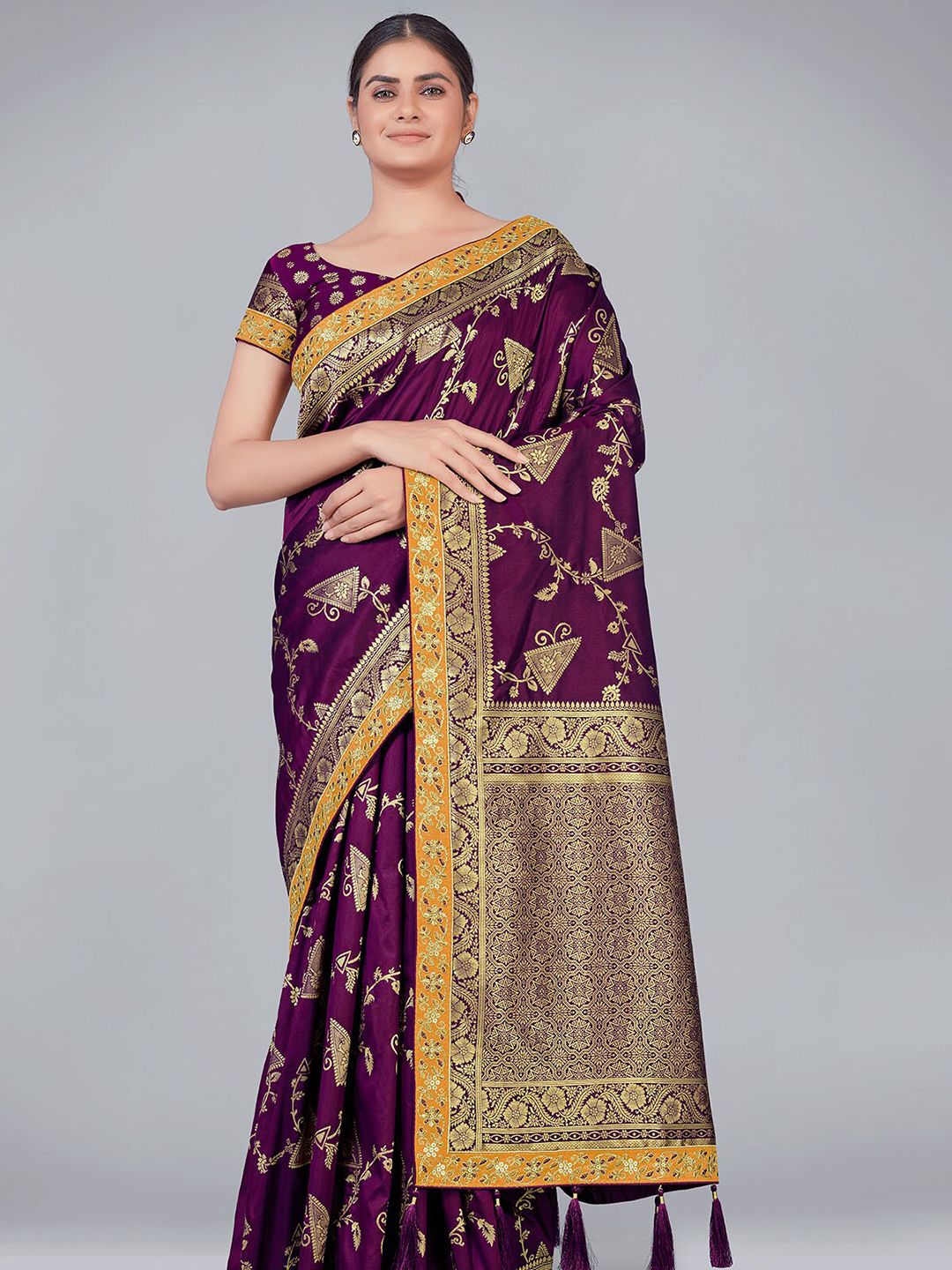 ODETTE Violet & Yellow Woven Design Zari Silk Blend Saree Price in India