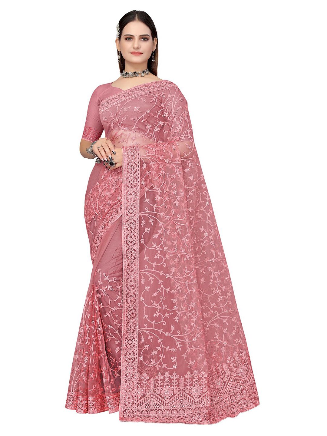 ODETTE Pink Floral Embroidered Net Saree Price in India