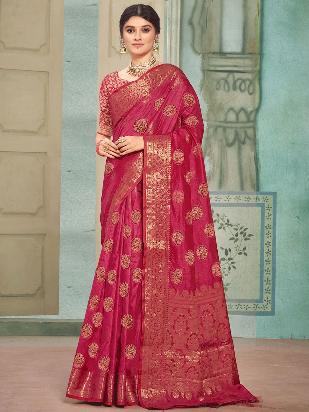 ODETTE Pink & Gold-Toned Woven Design Zari Saree Price in India