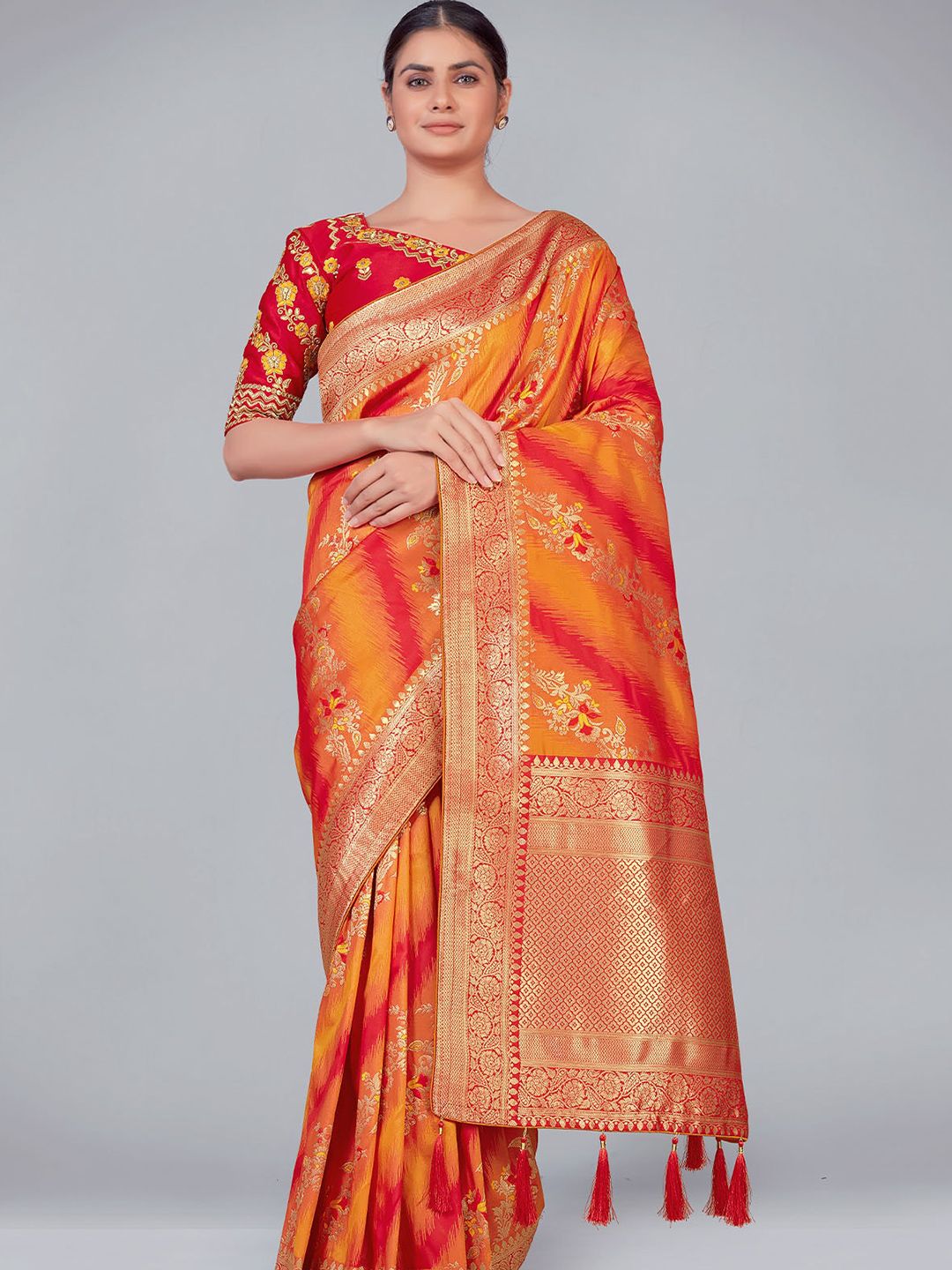 ODETTE Mustard & Red Woven Design Zari Silk Blend Saree Price in India