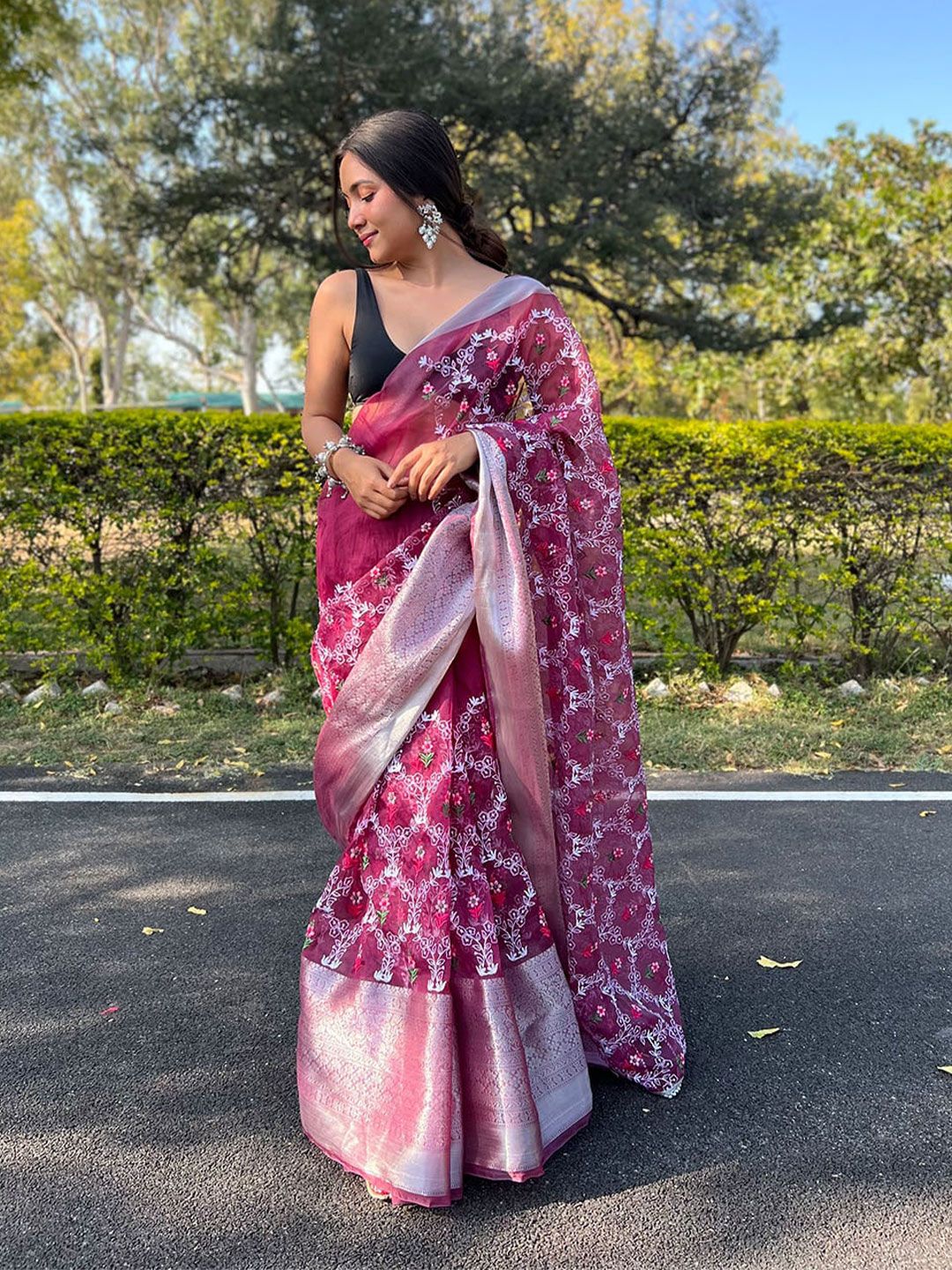 ODETTE Burgundy & Silver-Toned Floral Embroidered Organza Saree Price in India