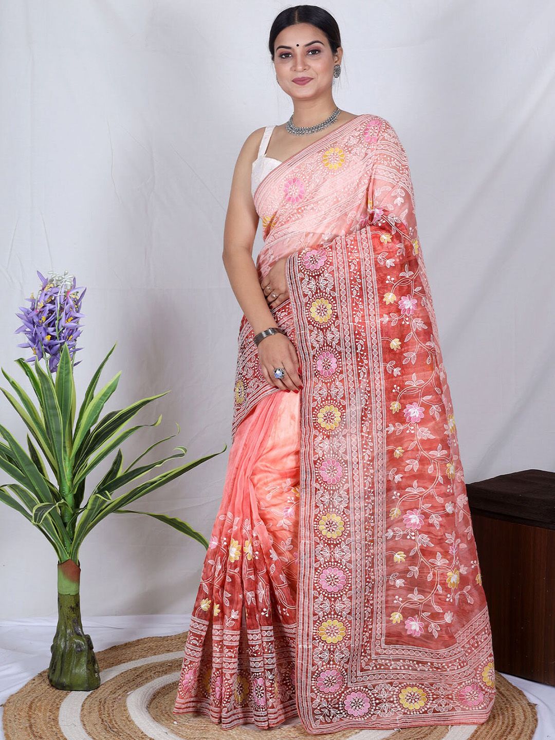 ODETTE Orange & White Floral Embroidered Organza Saree Price in India