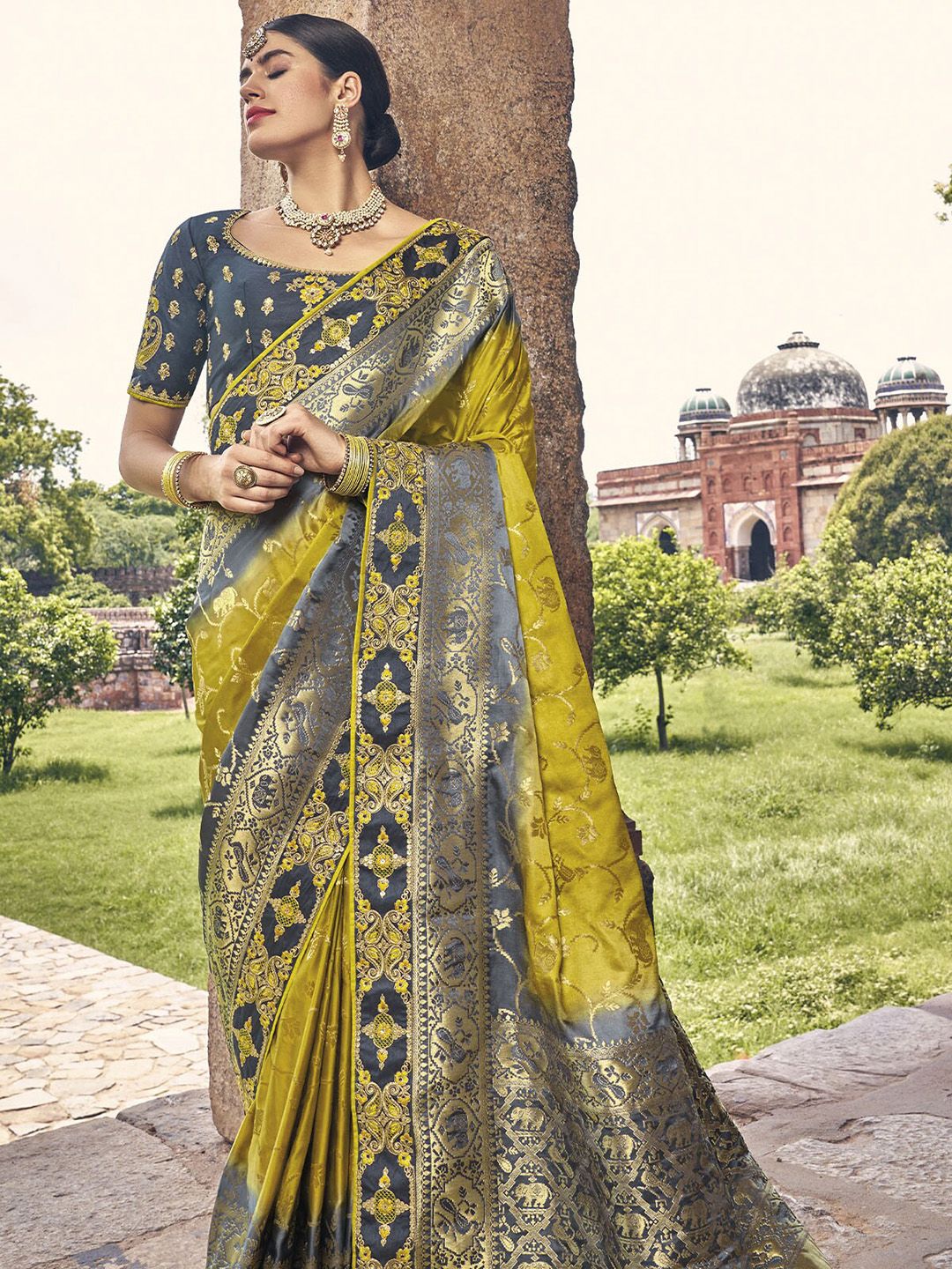 ODETTE Green & Grey Woven Design Zari Satin Saree Price in India