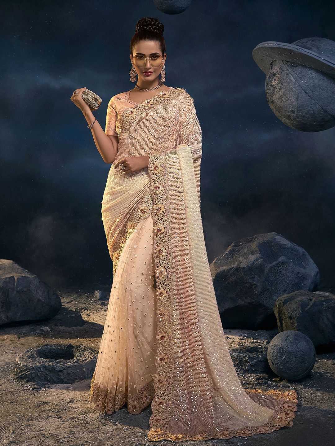 ODETTE Peach-Coloured Floral Embroidered Net Saree Price in India