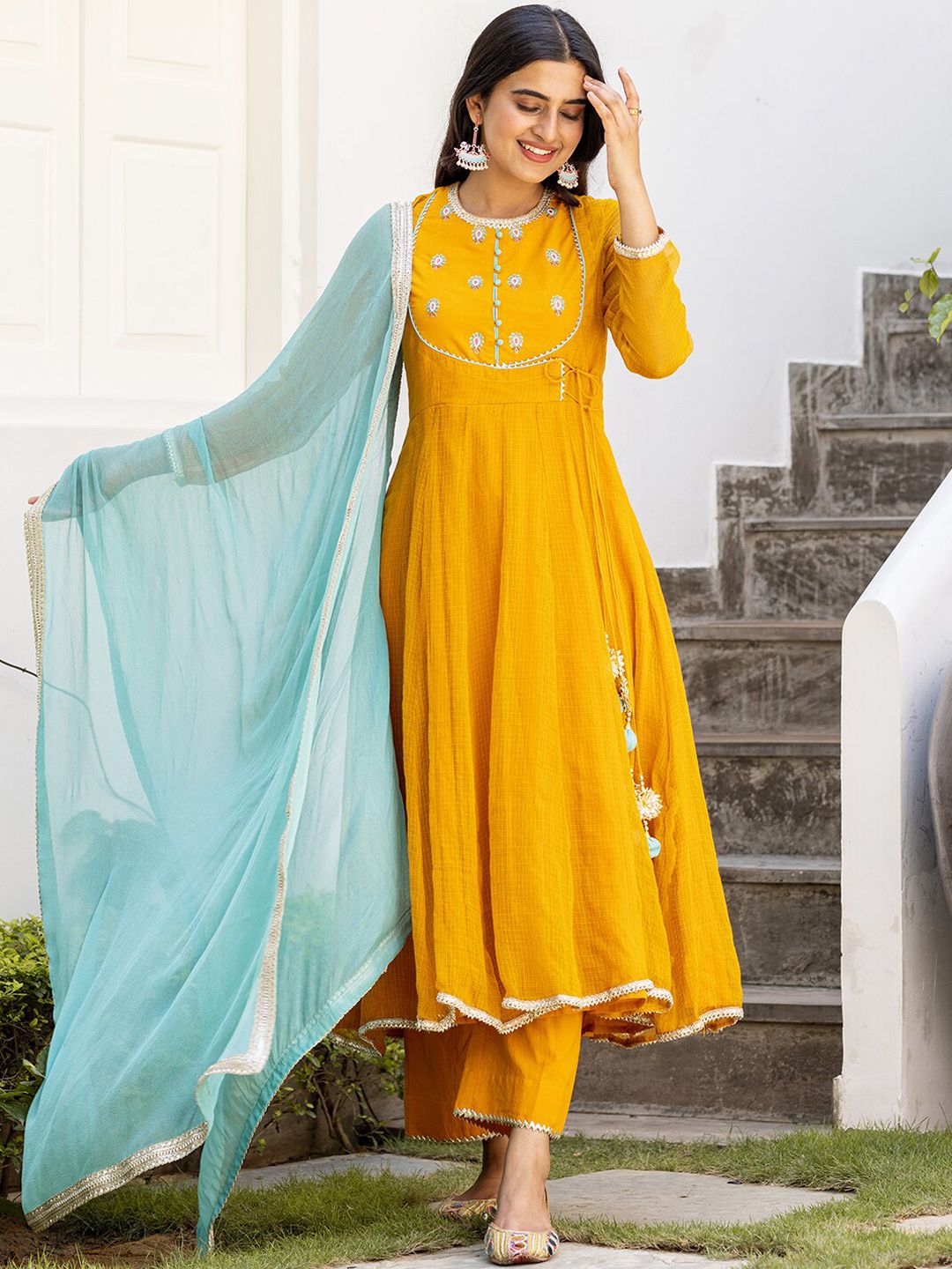 Ambraee Women Mustard Yellow Embroidered Angrakha Kurta with Trousers & Dupatta Price in India