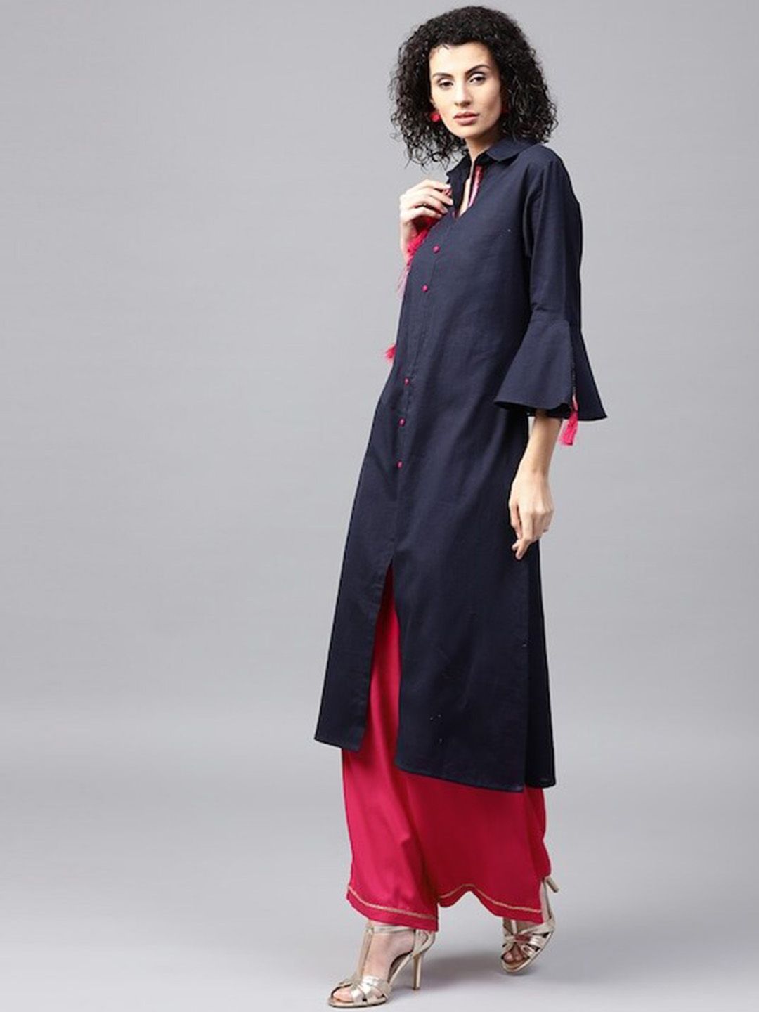 Tulsattva Women Navy Blue Ethnic Motifs Embroidered Pure Cotton Kurta with Palazzo Price in India