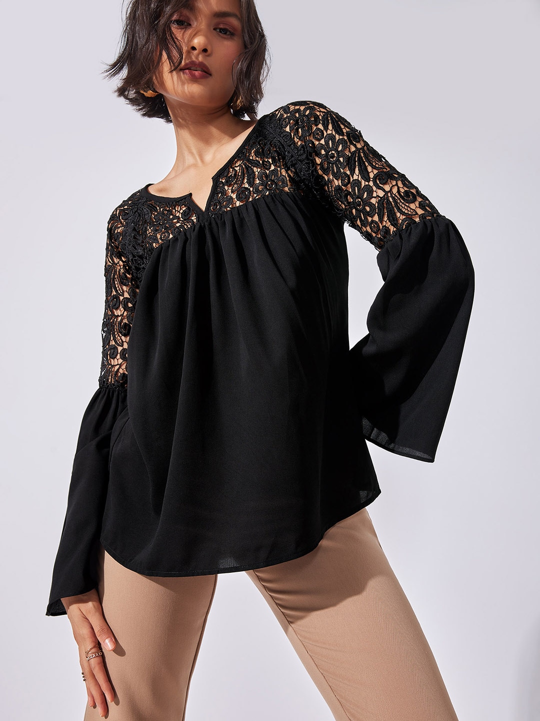 The Label Life Women Black Solid Bell Sleeves Top Price in India