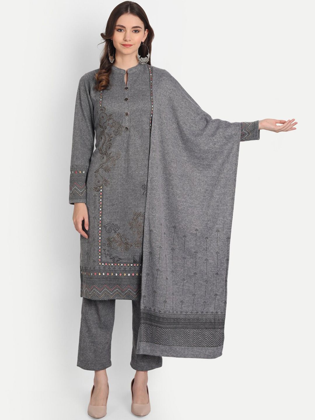 HK colours of fashion Women Grey Embroidered Sequinned Kurta with Trouser & Dupatta Price in India