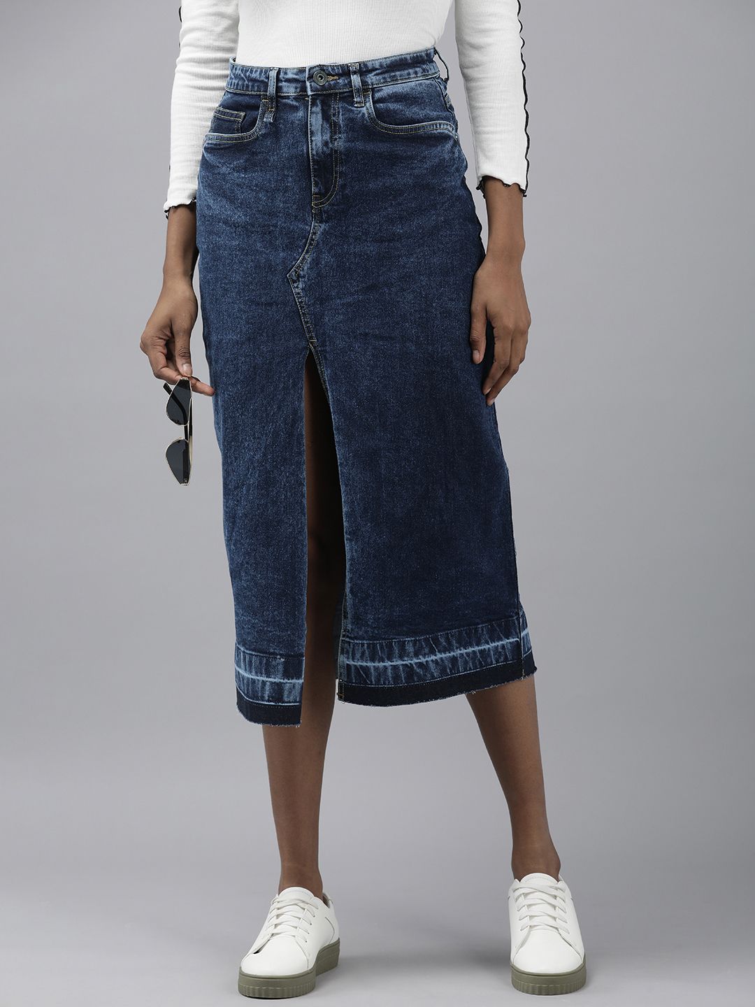 The Roadster Life Co. Women Acid Wash Mid-Rise Denim Straight Skirt With High-Slit Price in India