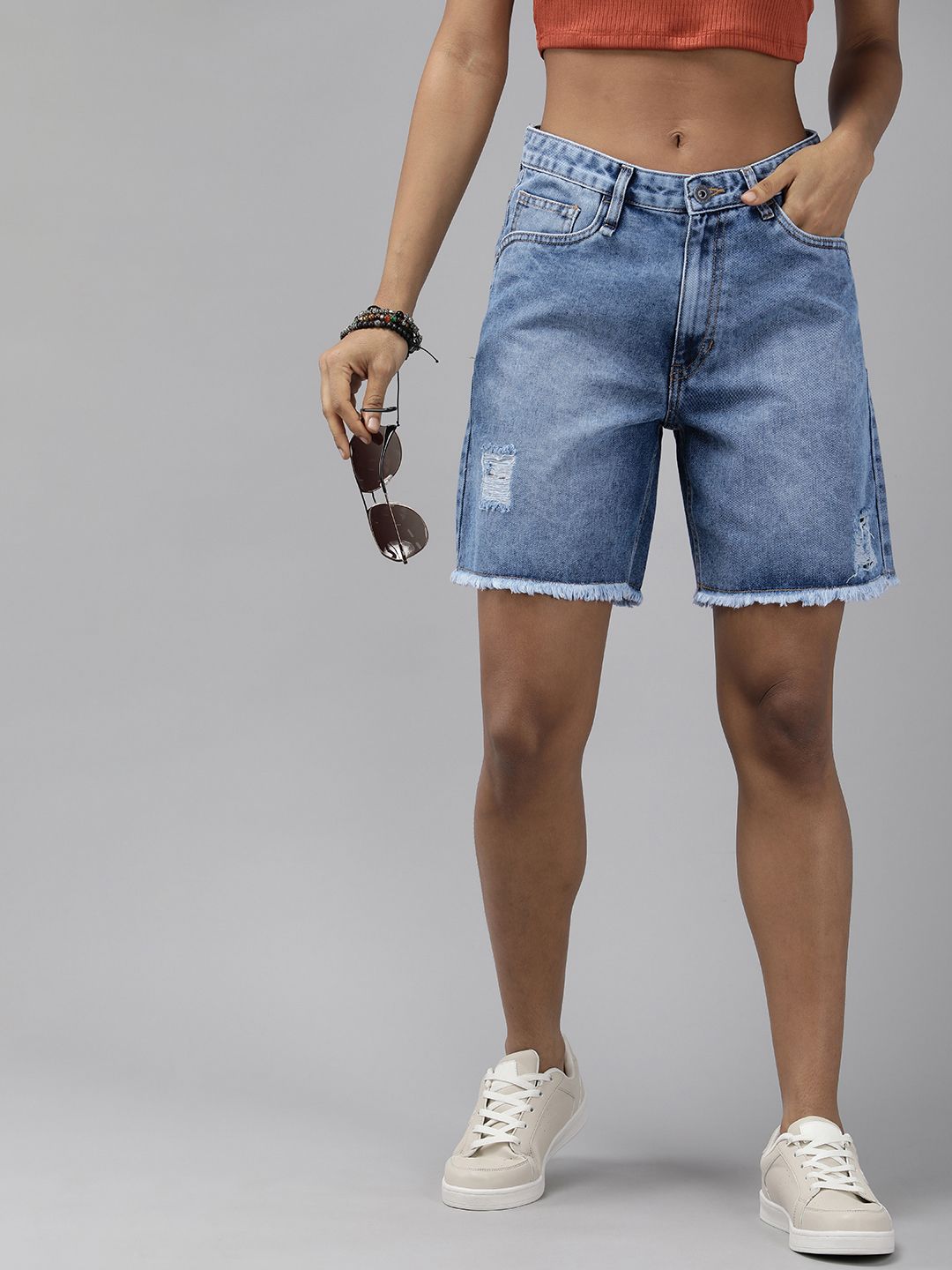 The Roadster Life Co. Women Washed High-Rise Frayed Hem Cotton Distressed Denim Shorts Price in India
