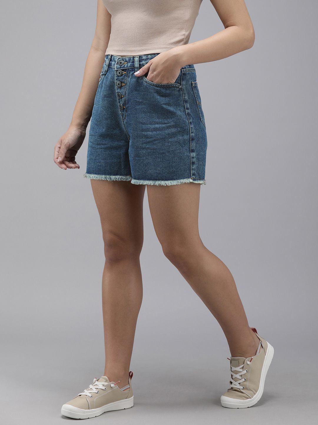 The Roadster Life Co. Women High-Rise Pure Cotton Denim Shorts Price in India