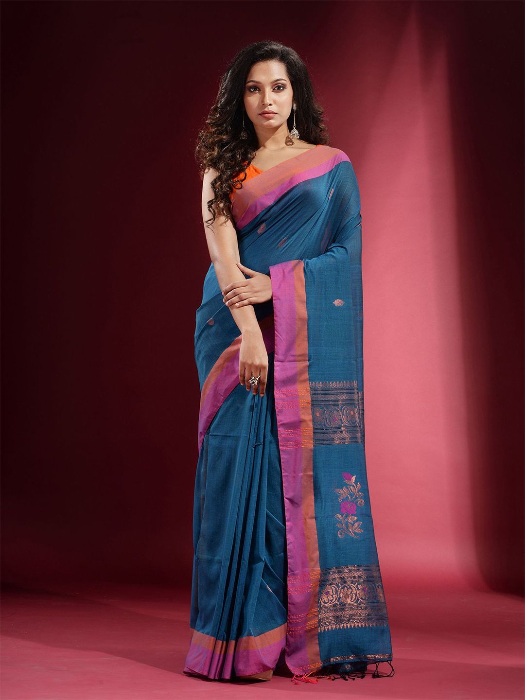 Charukriti Blue & Pink Woven Design Zari Pure Cotton Saree Price in India