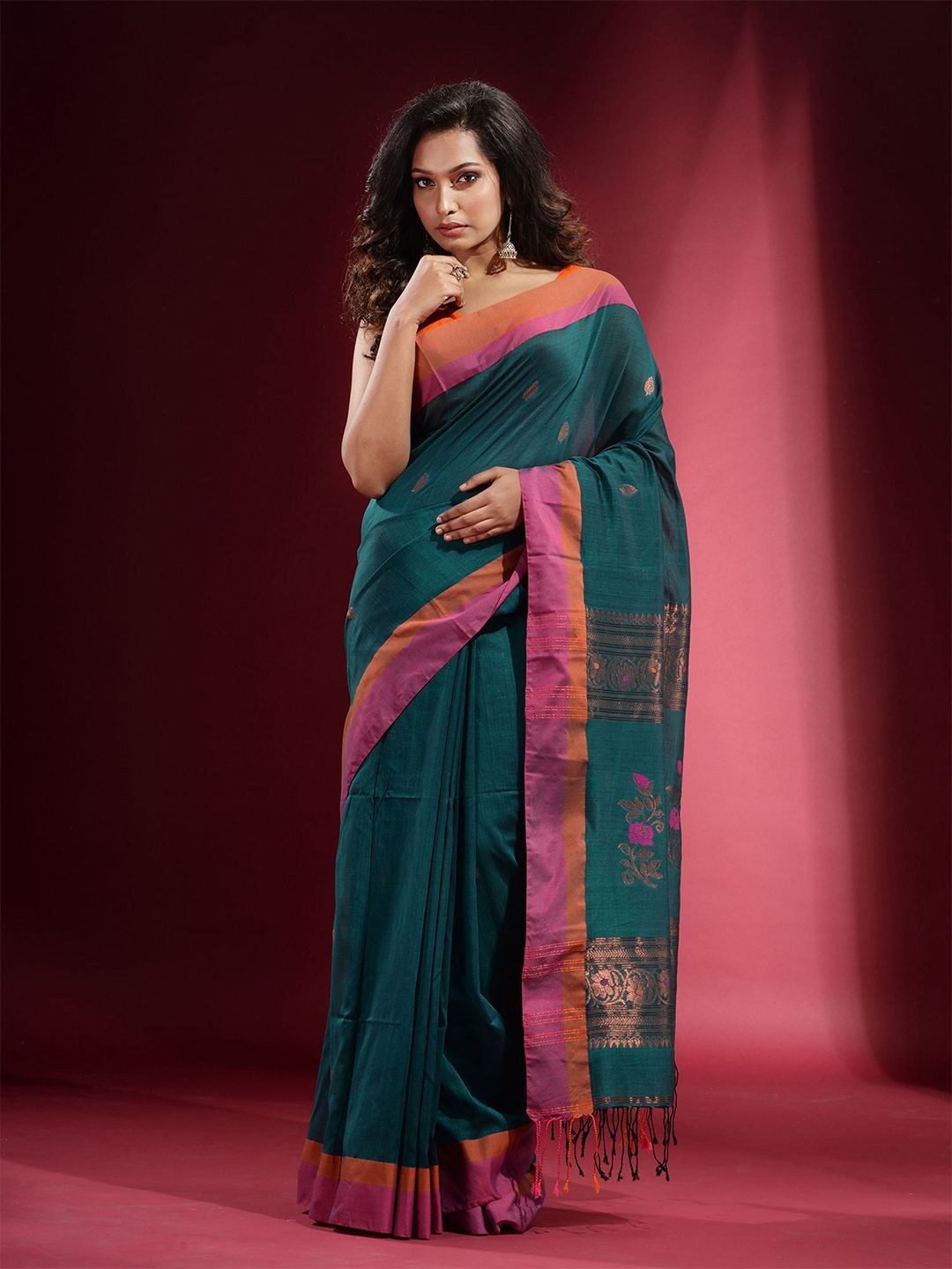 Charukriti Teal Green & Copper-Toned Woven Design Pure Cotton Saree Price in India