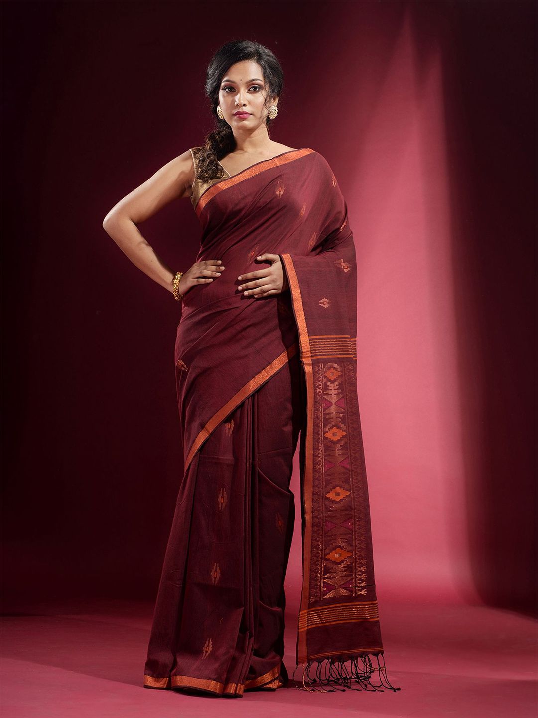 Charukriti Brown & Gold-Toned Woven Design Zari Pure Cotton Saree Price in India