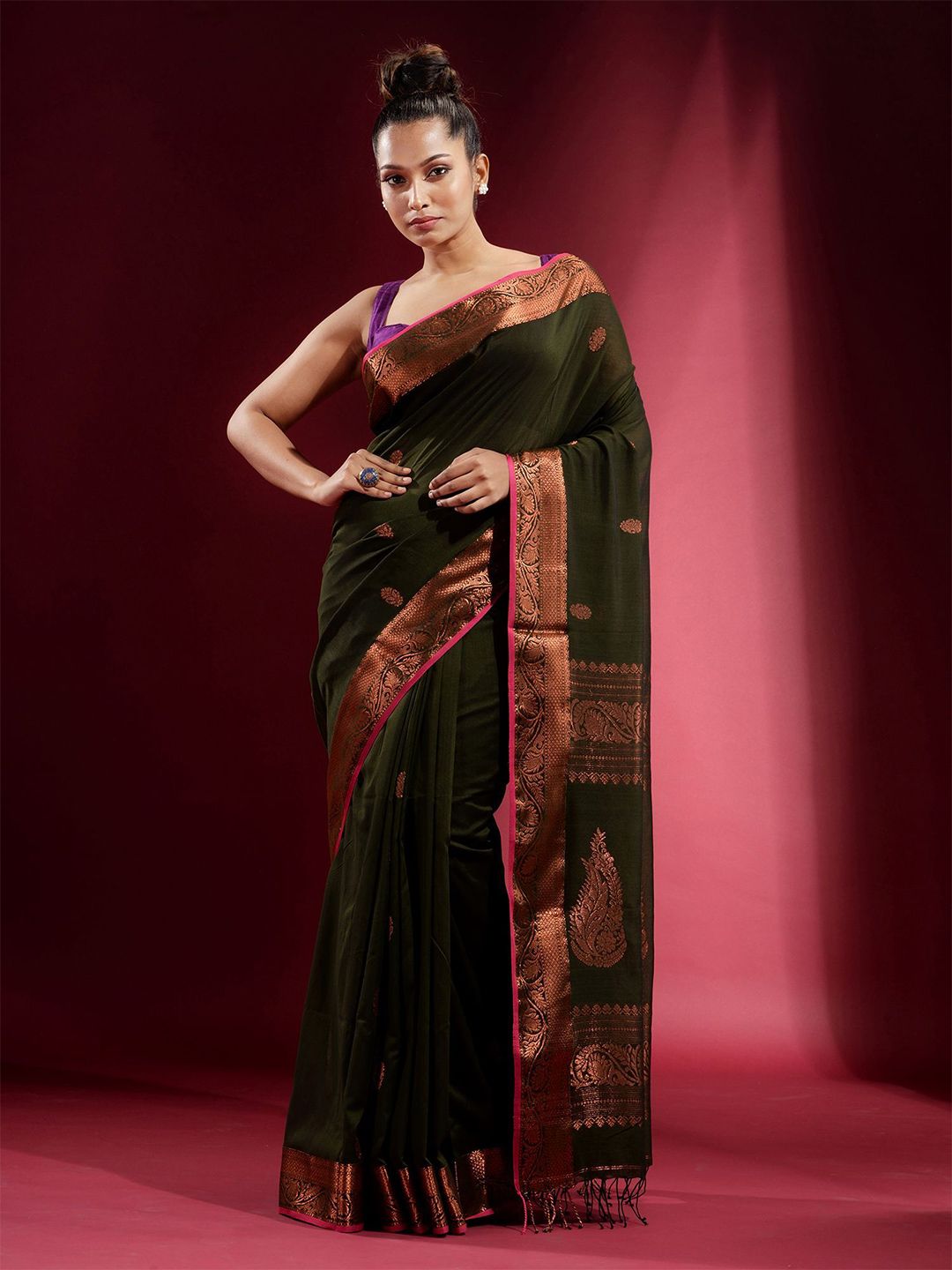 Charukriti Green & Copper-Toned Woven Design Zari Pure Cotton Saree Price in India