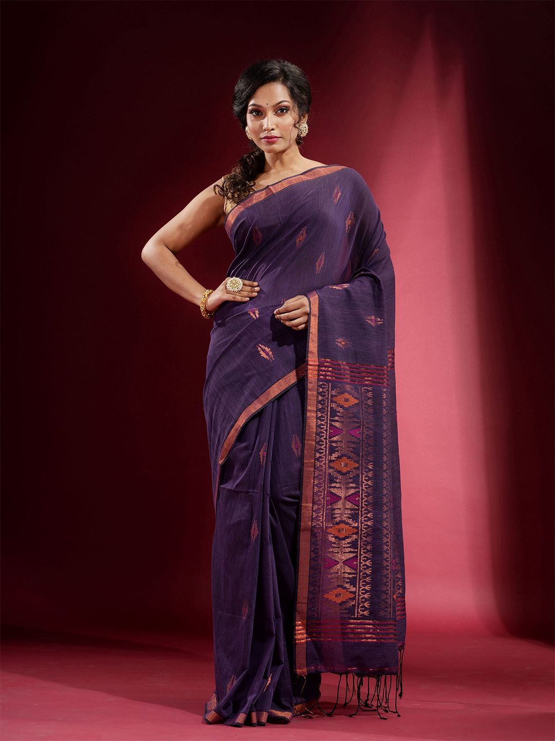 Charukriti Purple & Copper-Toned Woven Design Zari Pure Cotton Saree Price in India