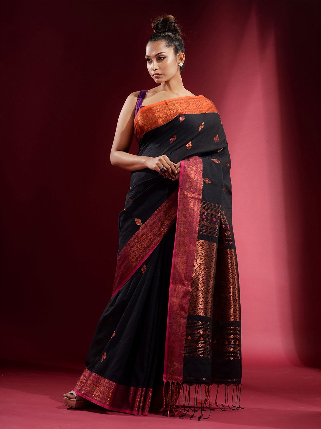 Charukriti Black & Orange Woven Design Zari Pure Cotton Saree Price in India
