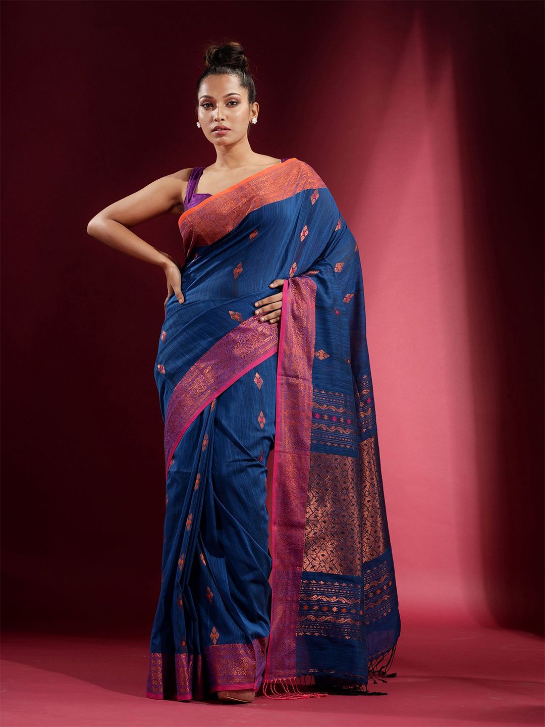 Charukriti Women Blue & Gold-Toned Floral Zari Pure Cotton Saree Price in India