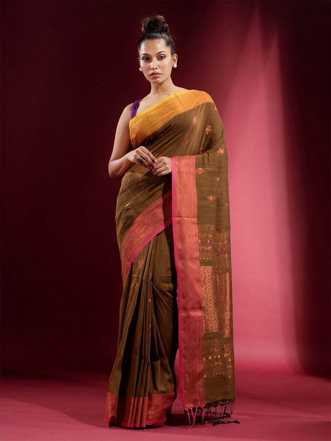 Charukriti Women Olive Green & Pink Woven Design Zari Pure Cotton Saree Price in India