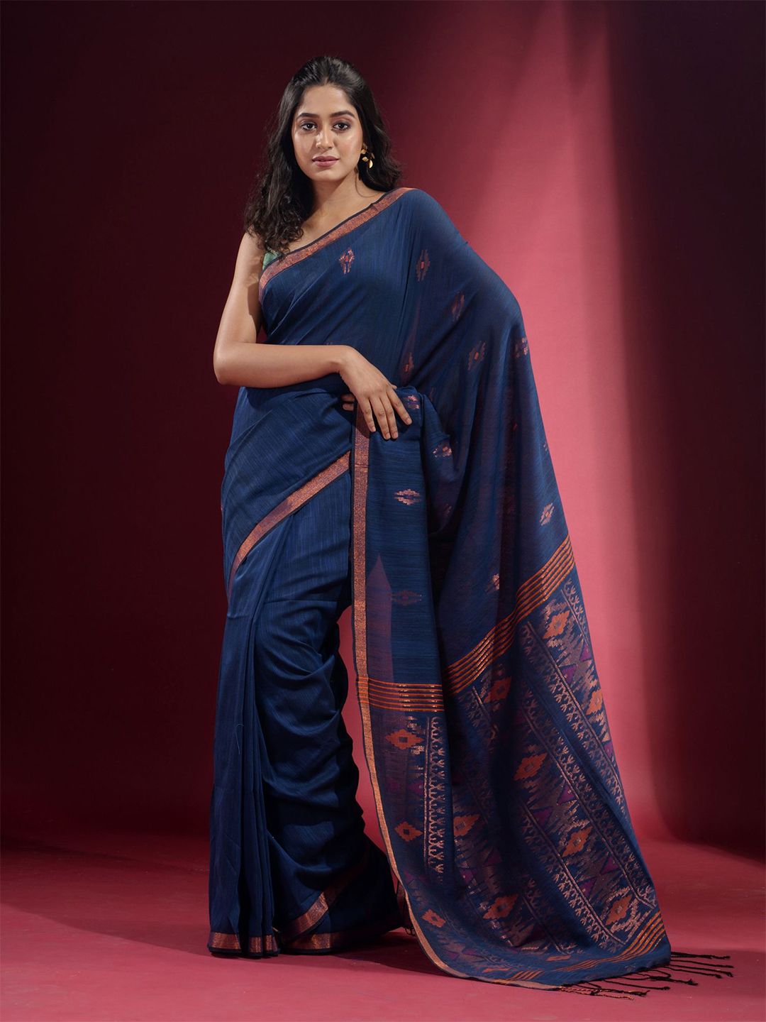 Charukriti Women Blue & Copper-Toned Woven Design Zari Pure Cotton Saree Price in India