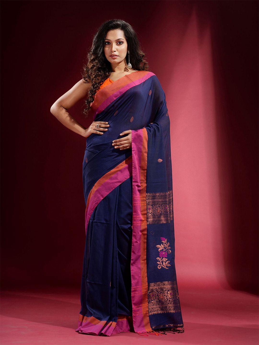 Charukriti Women Navy Blue & Pink Woven Design Zari Pure Cotton Saree Price in India