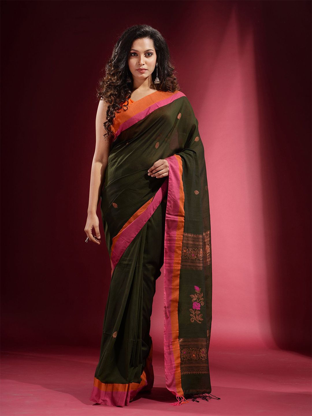 Charukriti Women Green & Orange Woven Design Zari Pure Cotton Saree Price in India