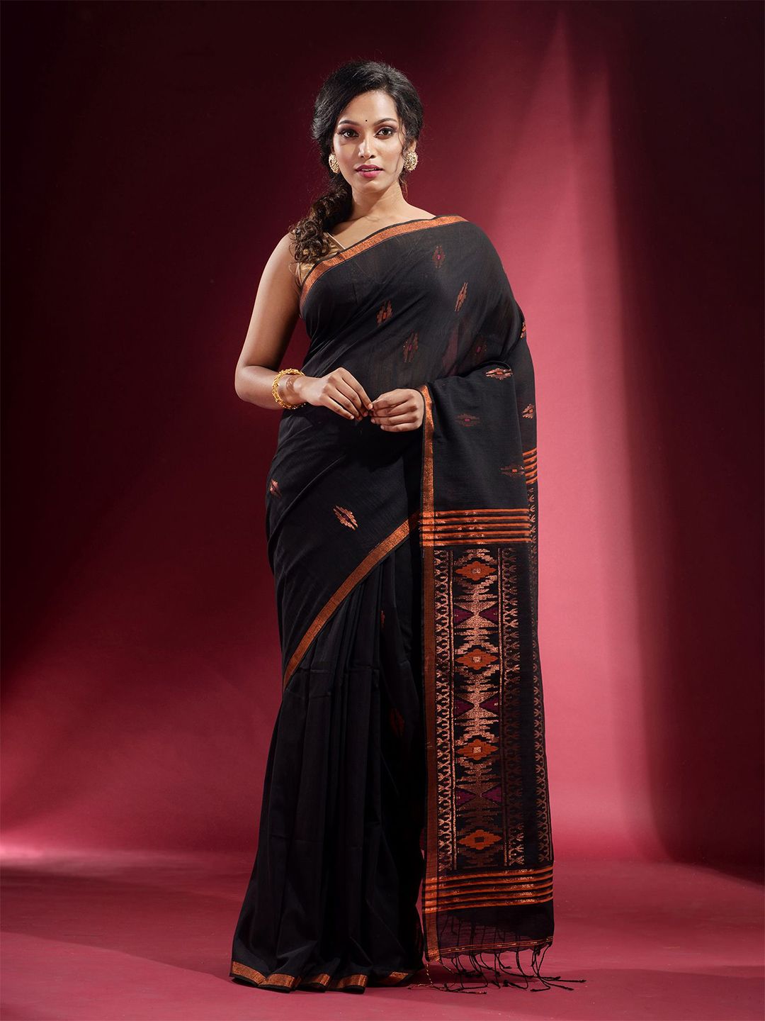 Charukriti Women Black & Copper-Toned Woven Design Zari Pure Cotton Saree Price in India