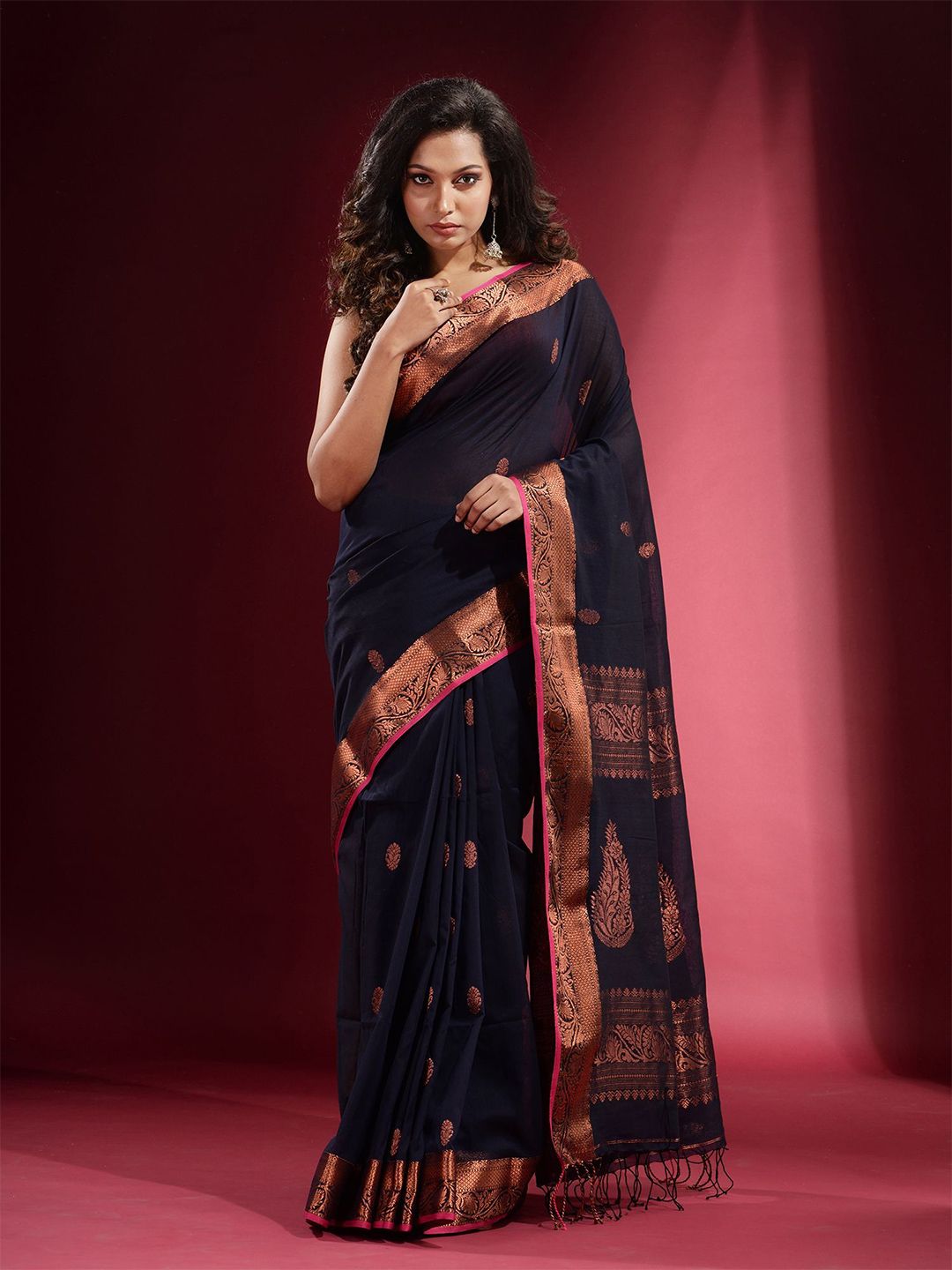 Charukriti Women Blue & Copper-Toned Woven Design Zari Pure Cotton Saree Price in India