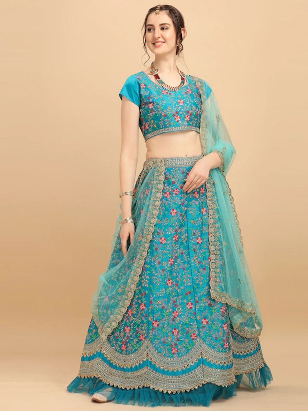 Zainab chottani Blue & Pink Embroidered Semi-Stitched Lehenga & Unstitched Blouse With Dupatta Price in India