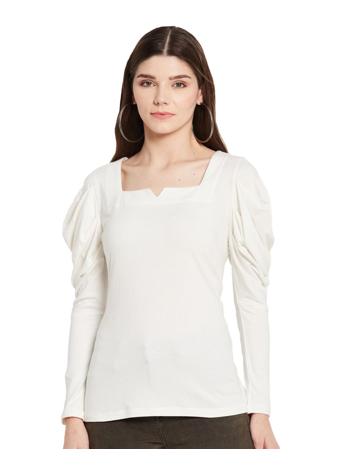 UNMADE Women Off White Solid Square Neck Puff Sleeves Top Price in India