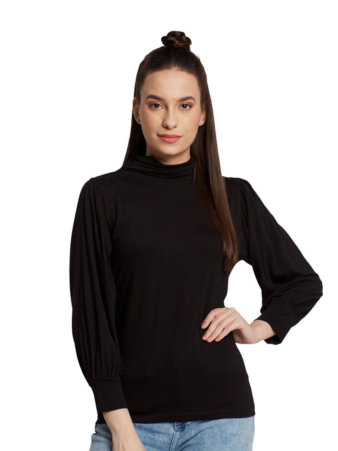 UNMADE Women Black Solid High Neck Cuffed Sleeves Top Price in India