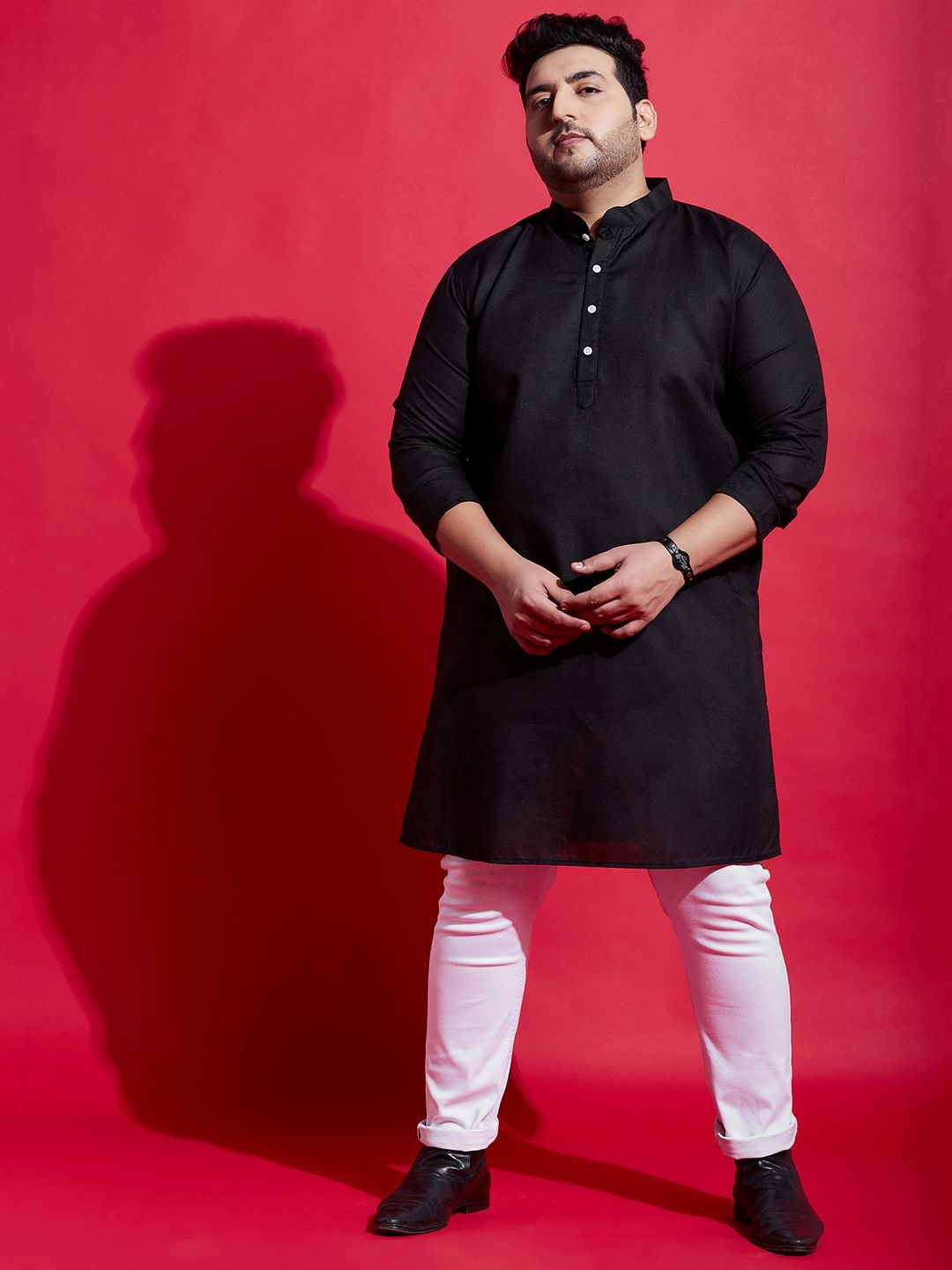 bigbanana Plus Size Solid Black Mandarin Collar Long Sleeves Cotton Kurta