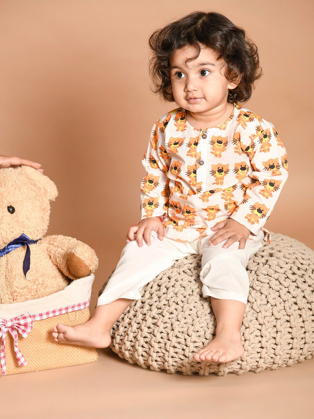 LIL PITAARA Unisex Kids Orange Printed Pure Cotton Kurta with Pyjamas