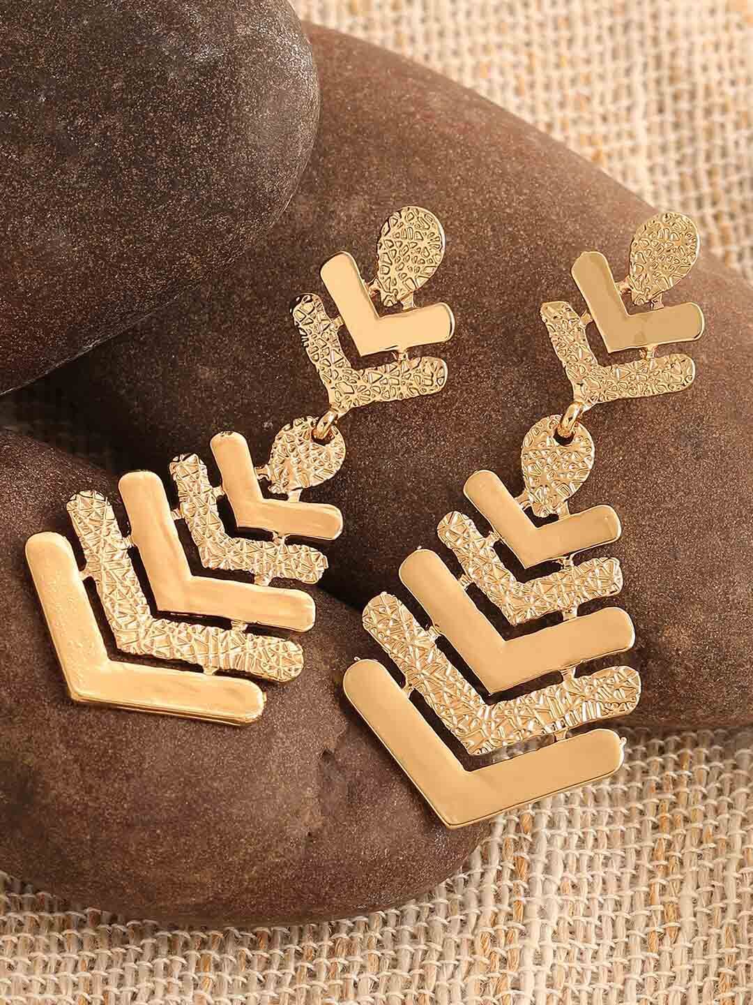 SOHI Gold-Toned Contemporary Gold-Plated Drop Earrings