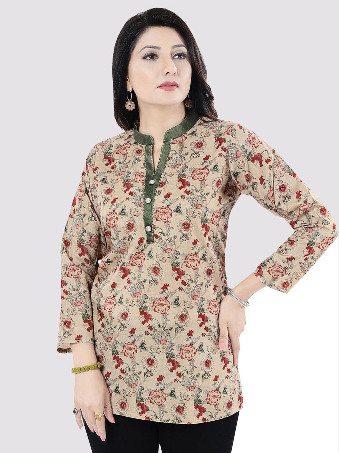 Saree Swarg Women Beige Floral Printed Kurti Price in India