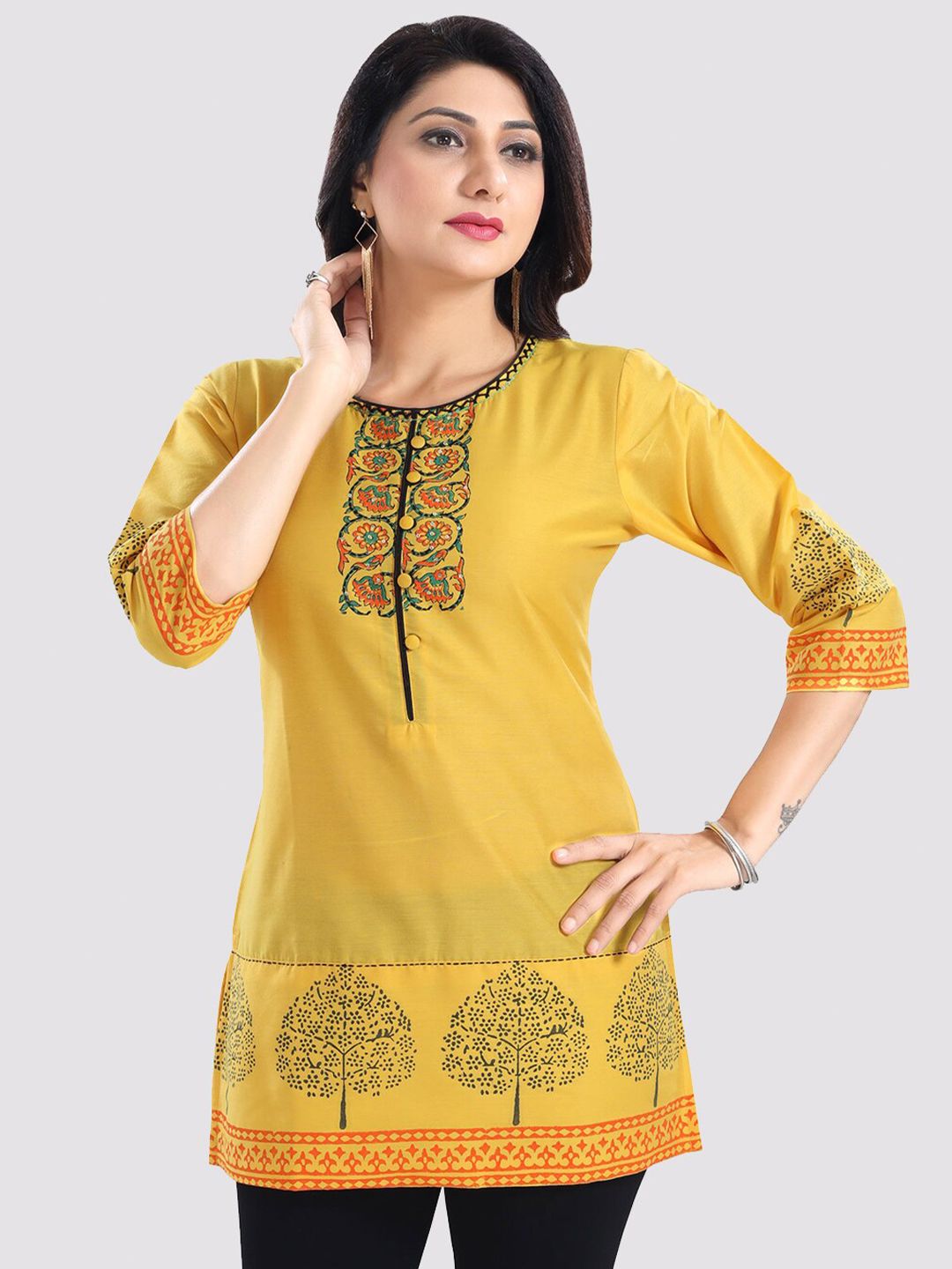 Saree Swarg Women Yellow Ethnic Motifs Printed Kurti Price in India