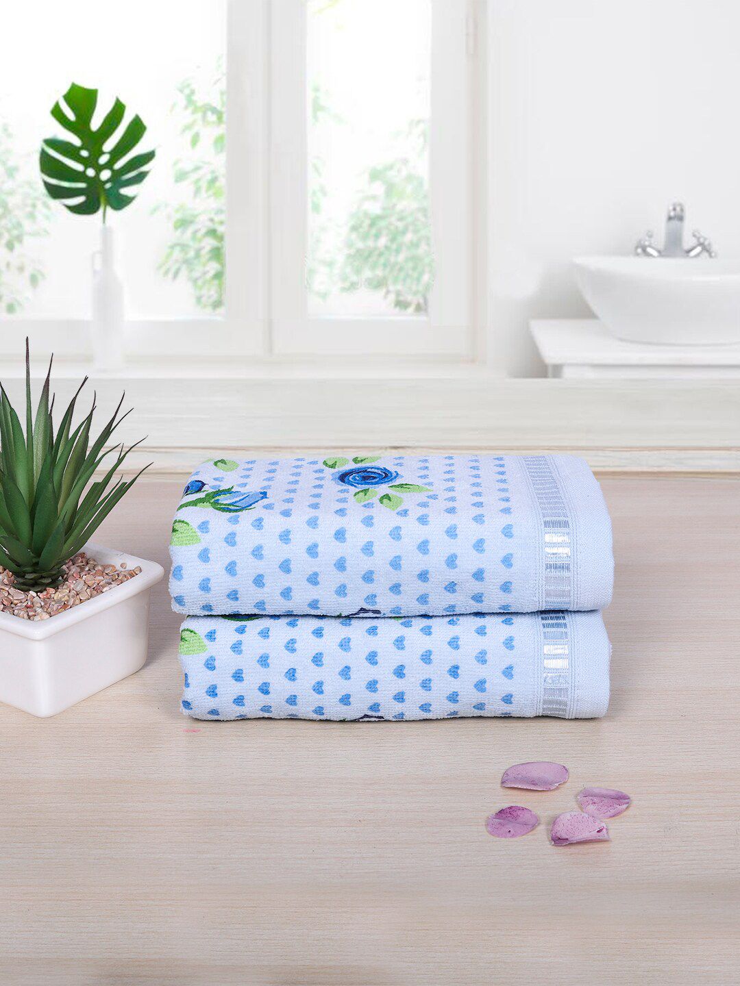RANGOLI Pack Of 2 Blue Printed 450 GSM Cotton Hand Towel Set