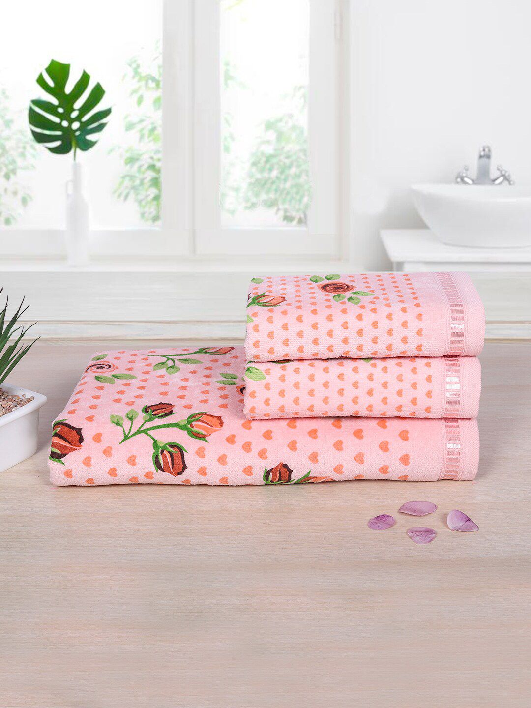RANGOLI Set Of 3 Peach Colored Rose & Heart Printed 450 GSM Pure Cotton Towel Set