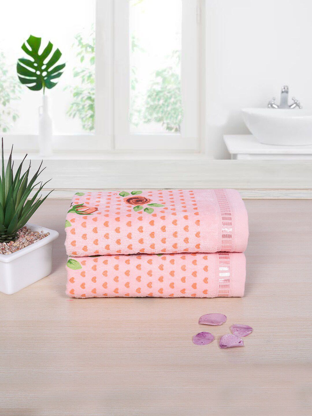 RANGOLI Set Of 2 Peach-Coloured  Printed 450 GSM Pure Cotton Hand Towel Set