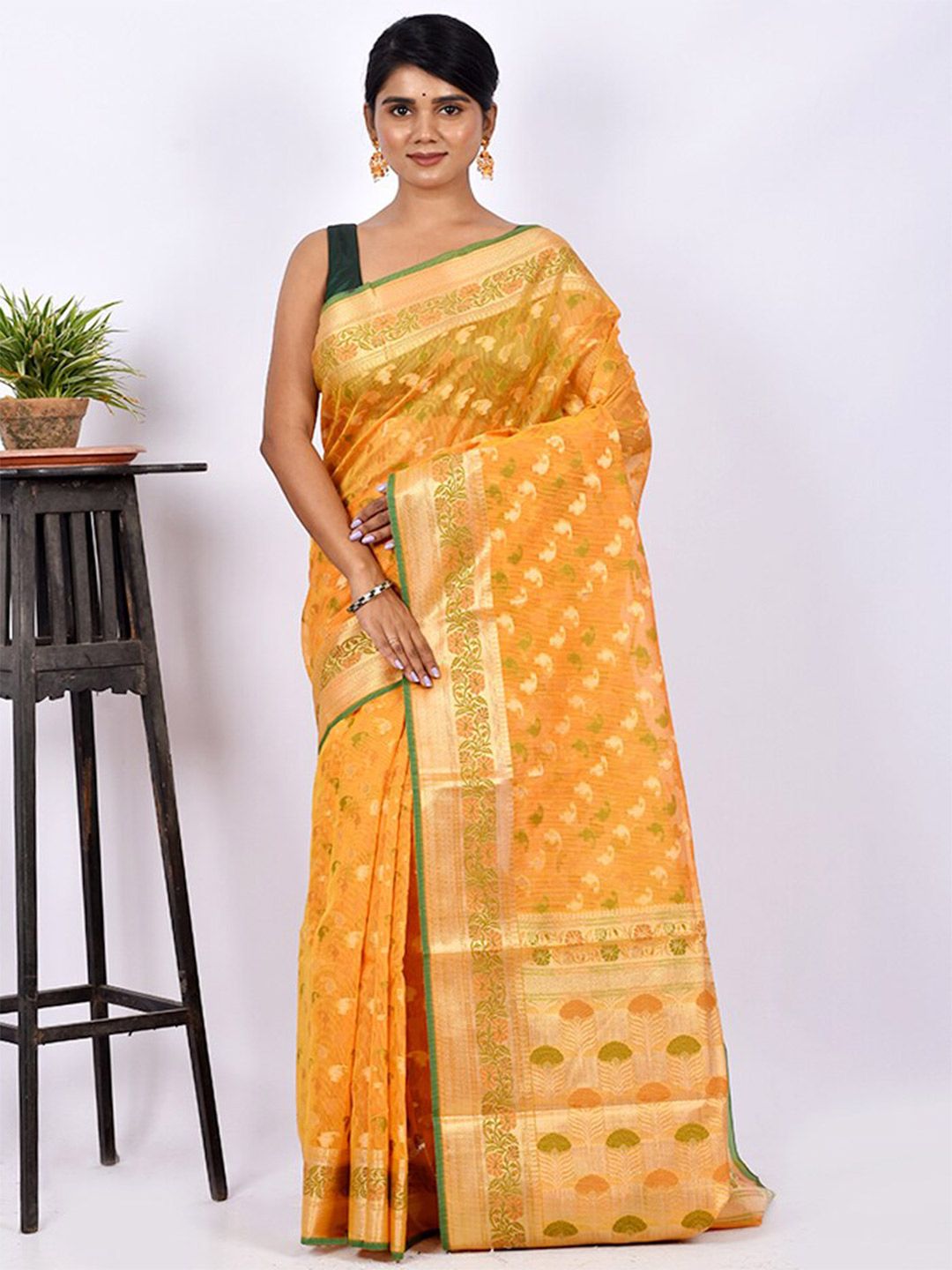 AllSilks Yellow & Green Ethnic Motifs Zari Silk Cotton Saree Price in India