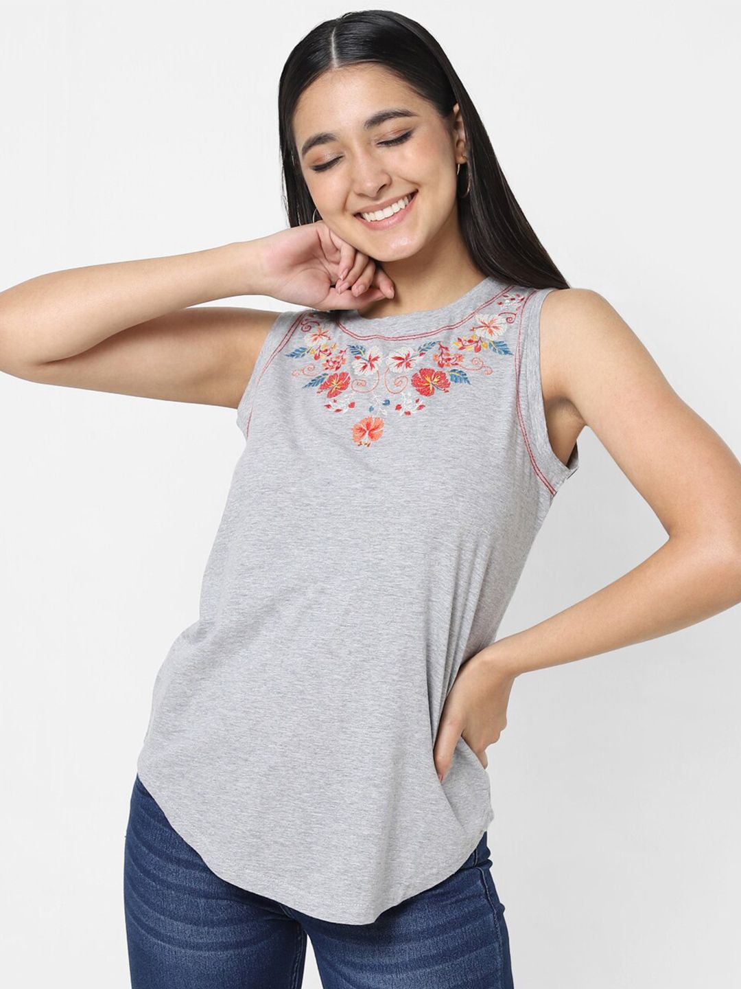 VASTRADO Women Grey Floral Embroidered Pure Cotton Top Price in India